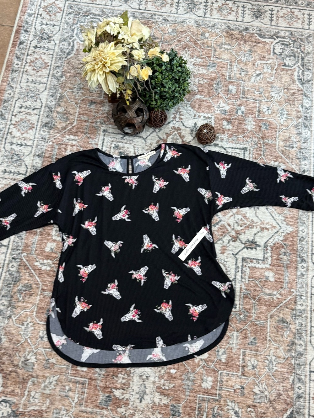 Black Long-Sleeve Floral Butterfly Print Top